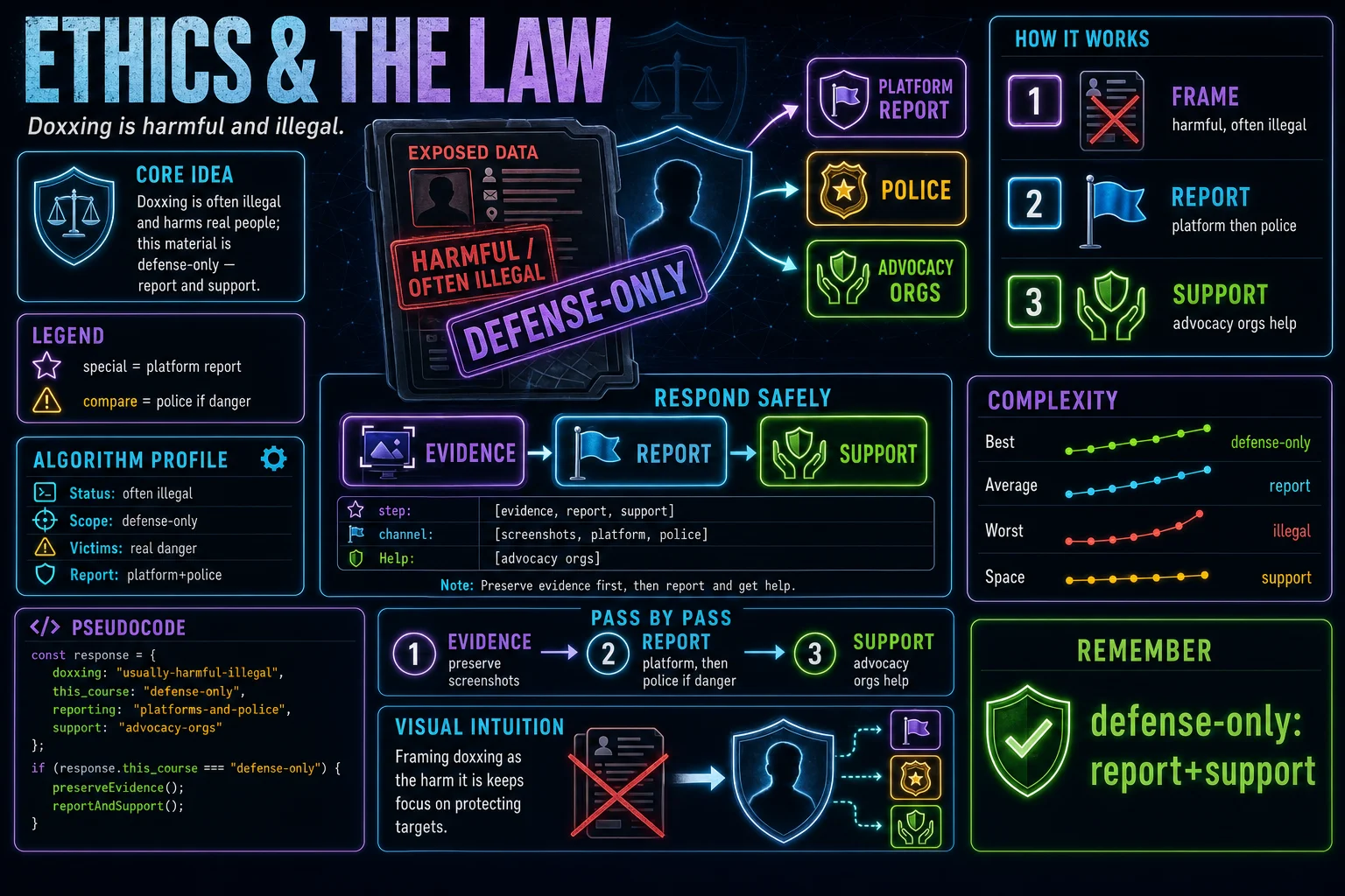 Ethics & The Law infographic showing the concept, key steps, and tradeoffs.