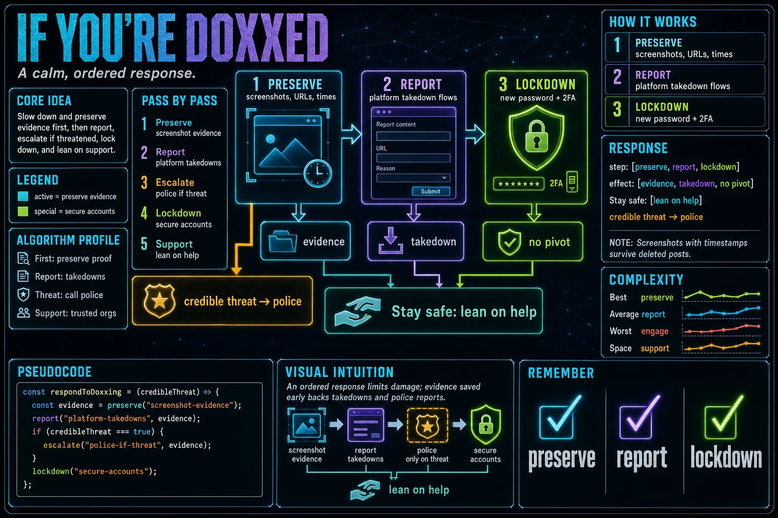 If You're Doxxed infographic showing the concept, key steps, and tradeoffs.
