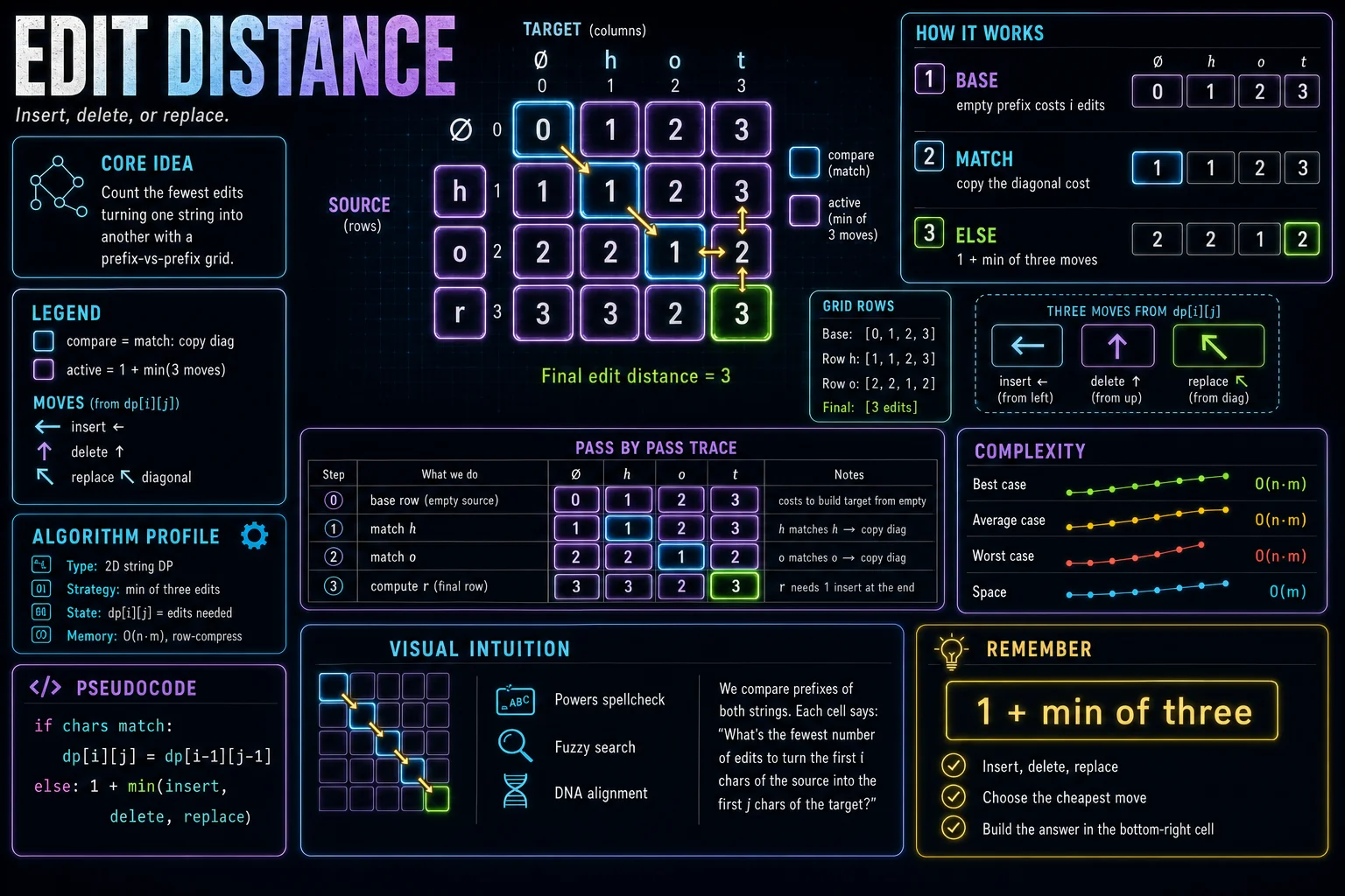 Edit Distance infographic showing DP state, transition, base cases, and complexity.