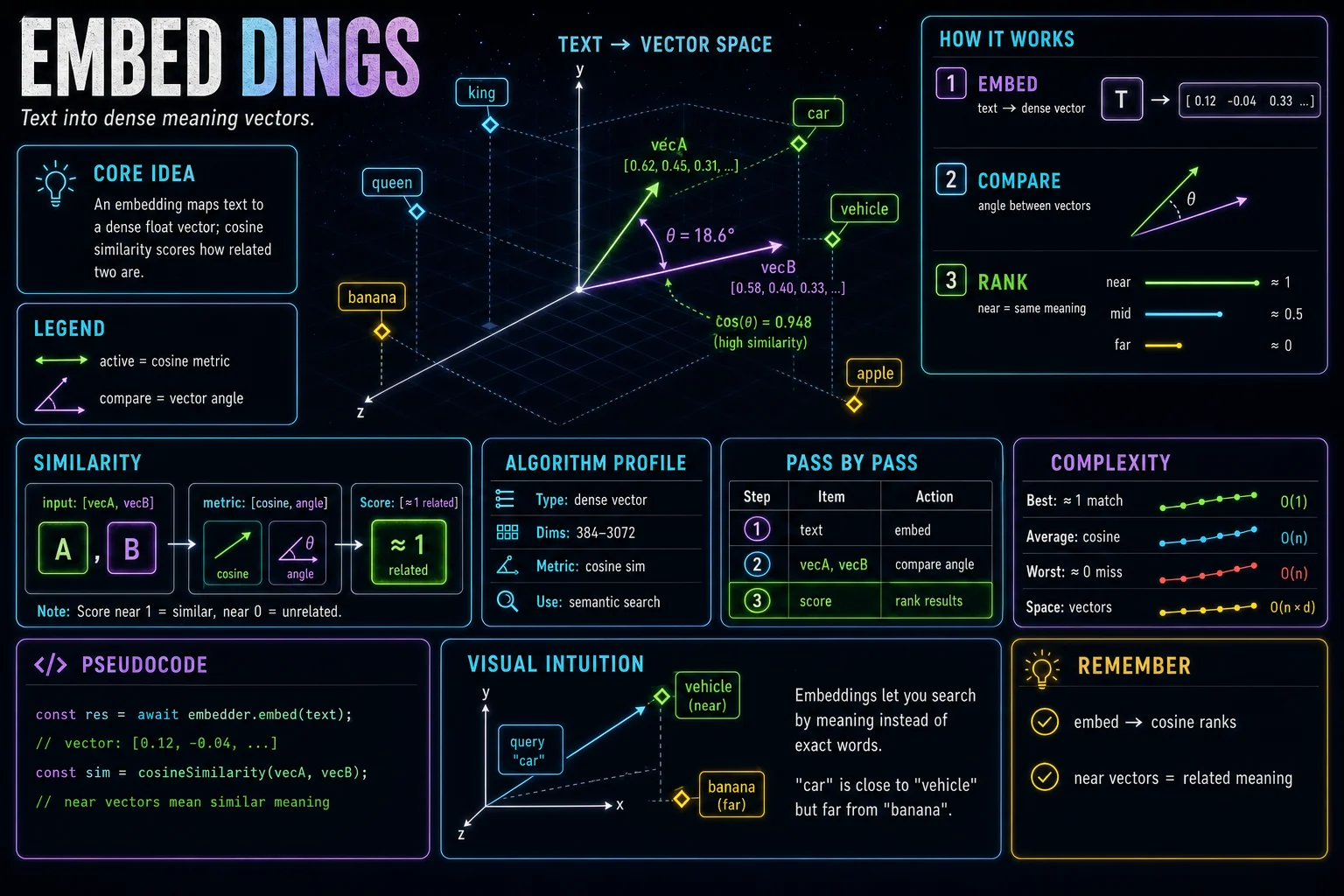 Embeddings infographic showing the concept, key steps, and tradeoffs.