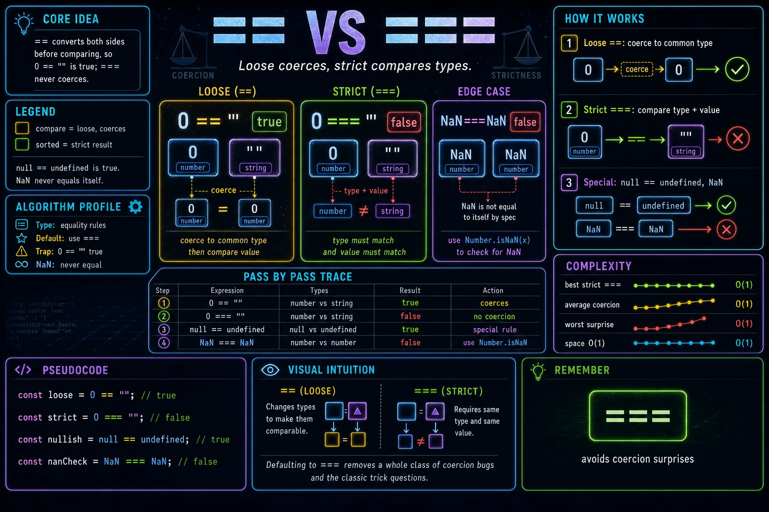 == vs === infographic showing the concept, key steps, and tradeoffs.