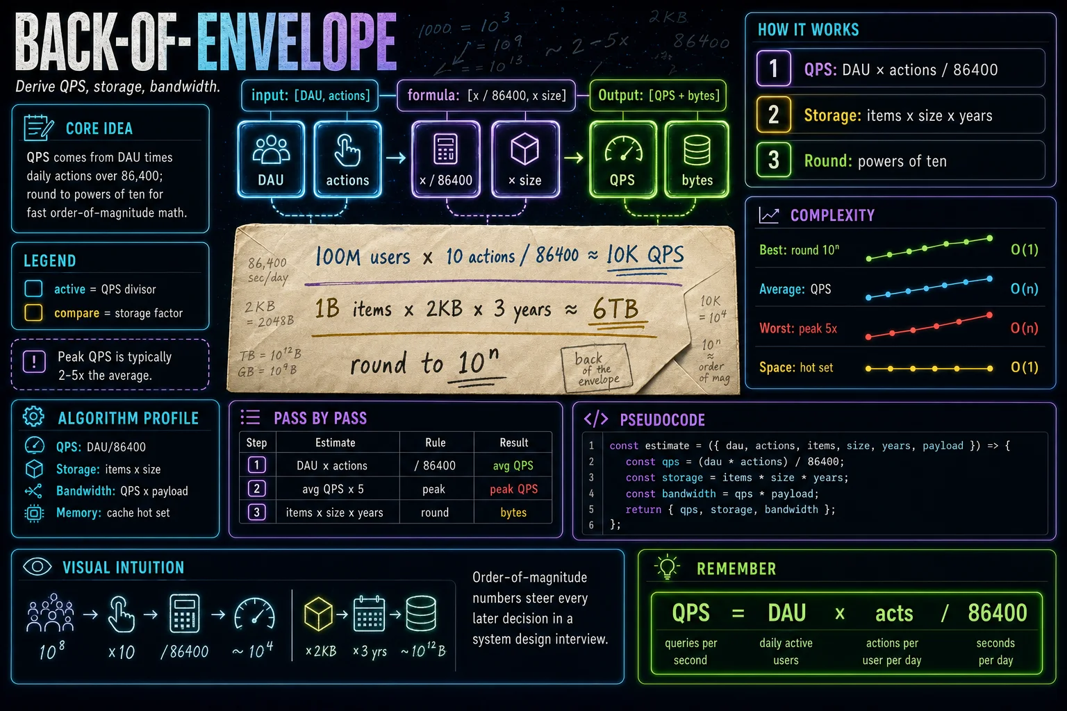 Back-of-Envelope Estimation infographic showing the concept, key steps, and tradeoffs.