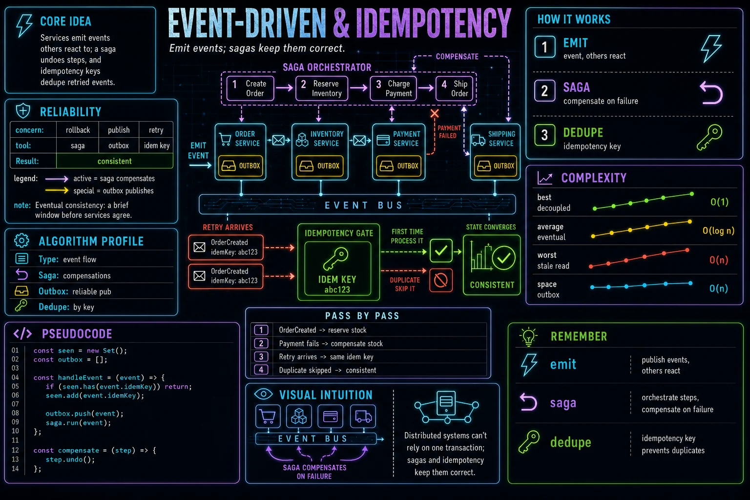 Event-Driven & Idempotency infographic showing the concept, key steps, and tradeoffs.