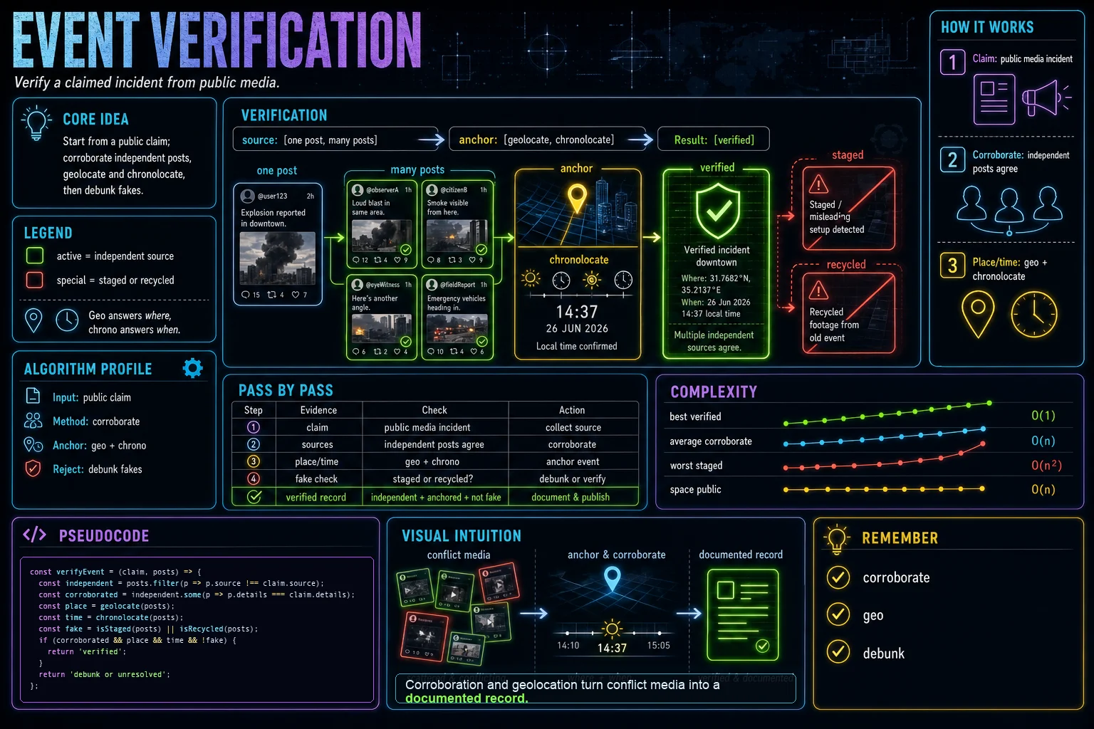Event Verification infographic showing the concept, key steps, and tradeoffs.
