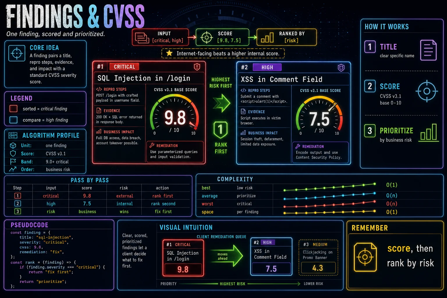 Findings & CVSS infographic showing the concept, key steps, and tradeoffs.