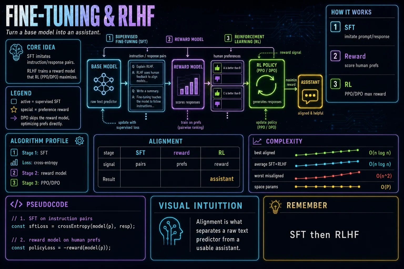 Fine-Tuning & RLHF infographic showing the concept, key steps, and tradeoffs.