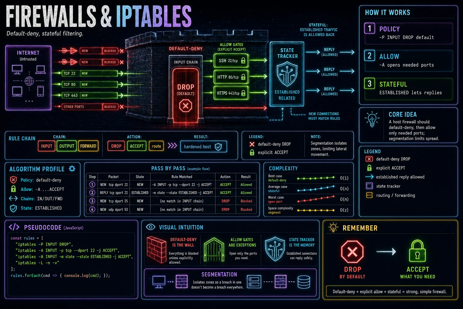 Firewalls & iptables infographic showing the concept, key steps, and tradeoffs.