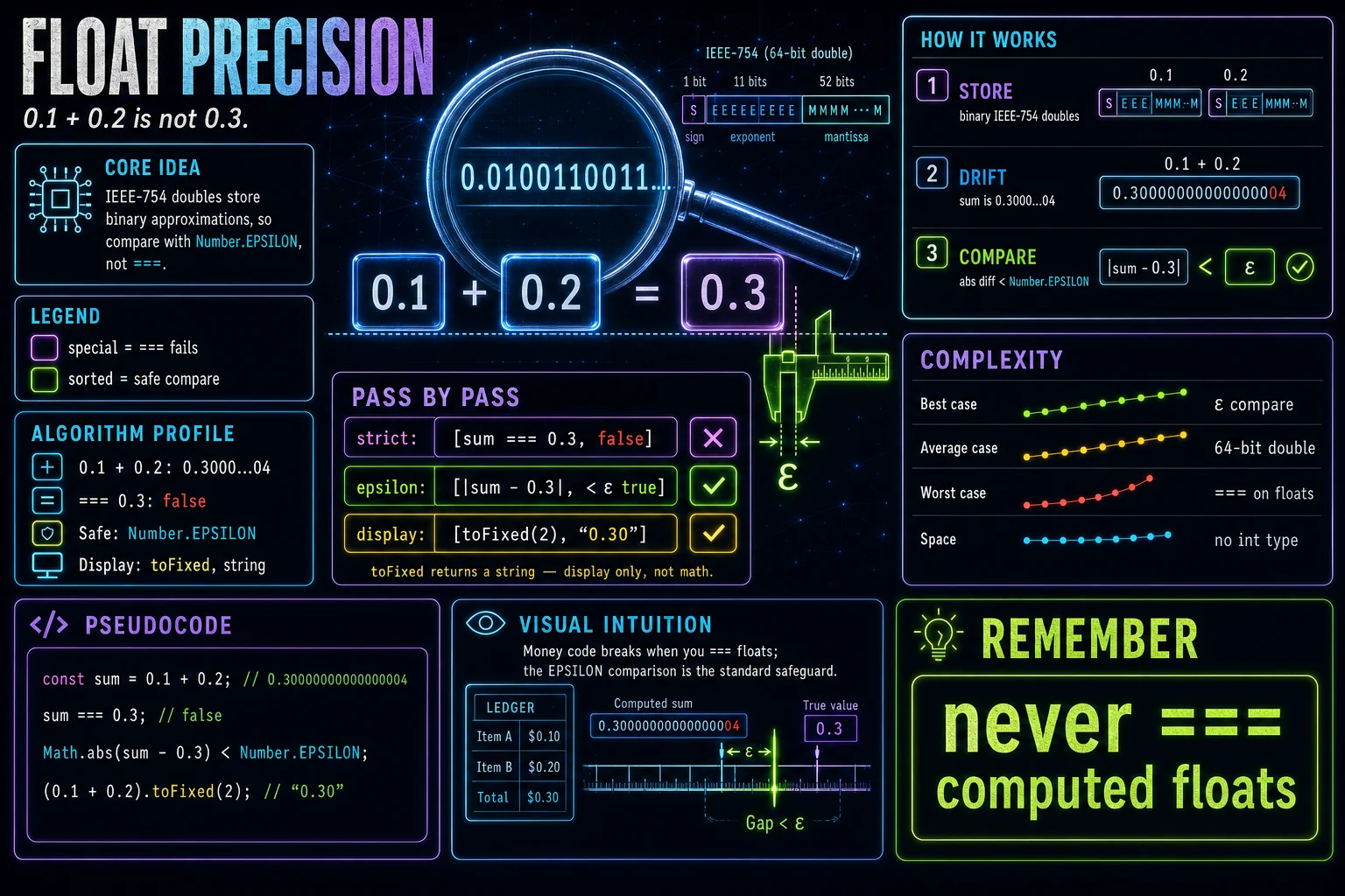 Float Precision infographic showing the concept, key steps, and tradeoffs.