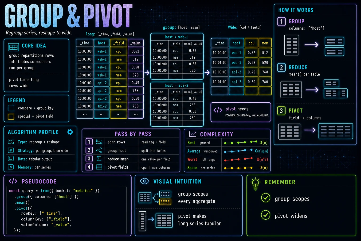 group & pivot infographic showing the concept, key steps, and tradeoffs.