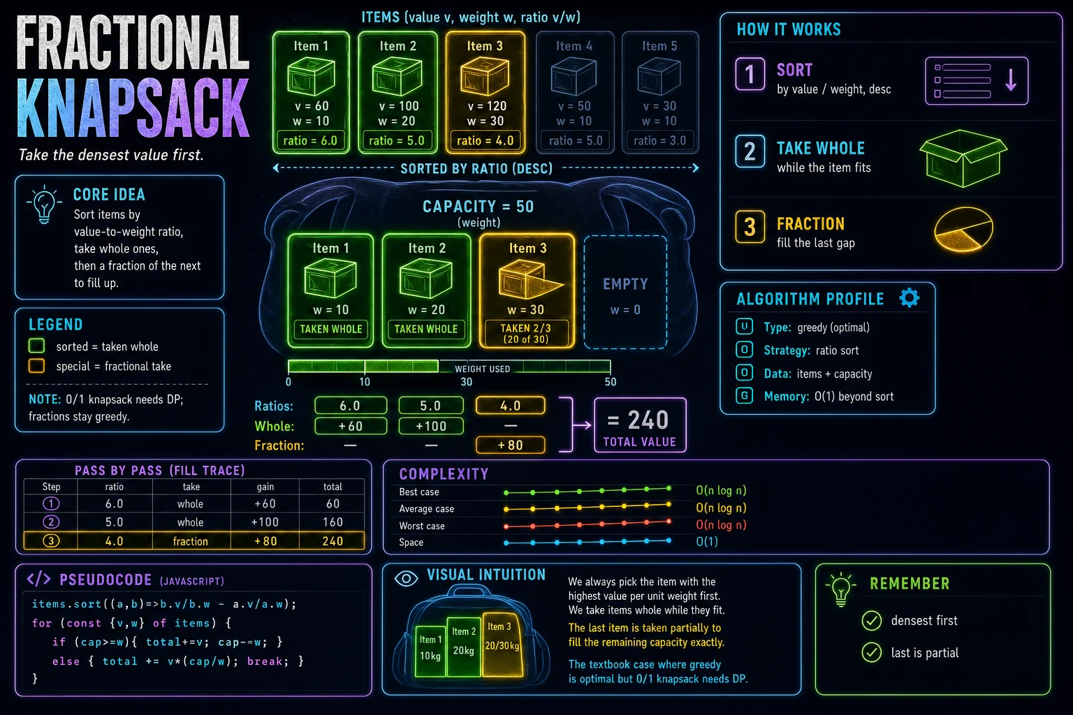 Fractional Knapsack infographic showing the greedy choice, key steps, and complexity tradeoffs.
