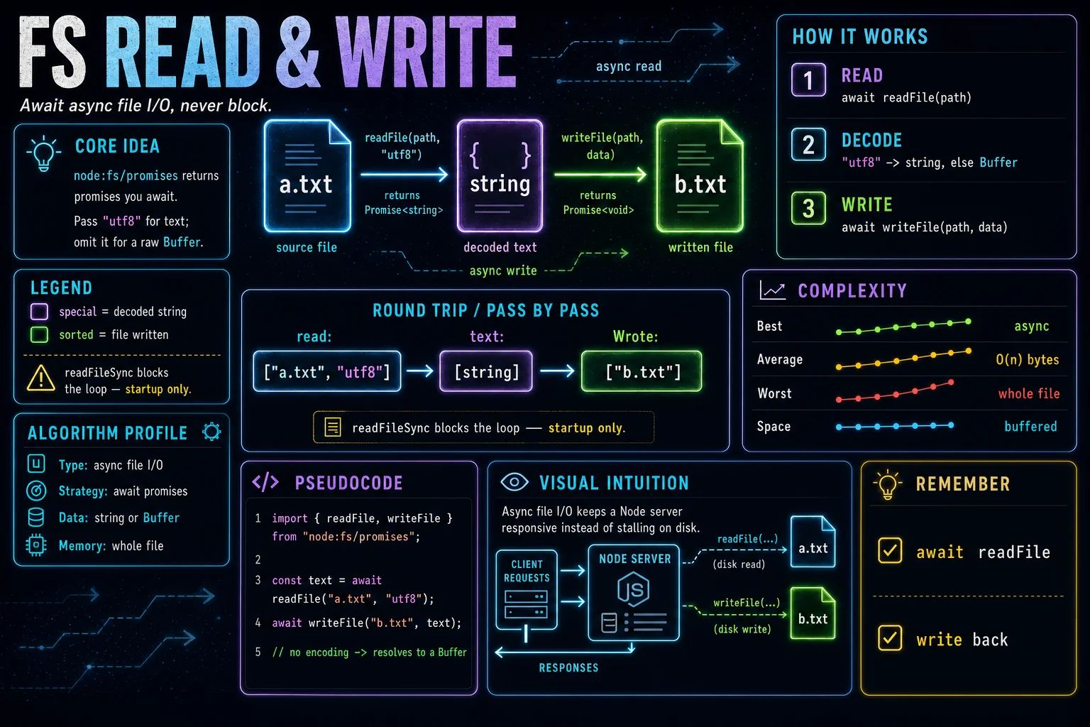 fs read & write infographic showing the concept, key steps, and tradeoffs.