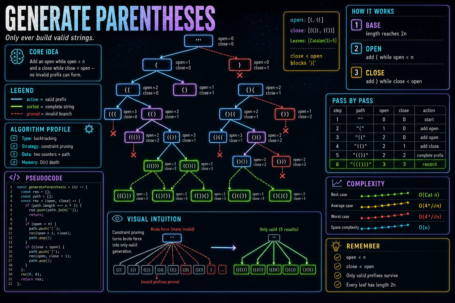Generate Parentheses infographic showing the choose/explore/undo recursion tree and complexity.