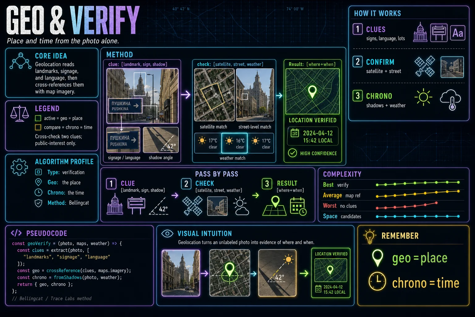 Geolocation & Verification infographic showing the concept, key steps, and tradeoffs.