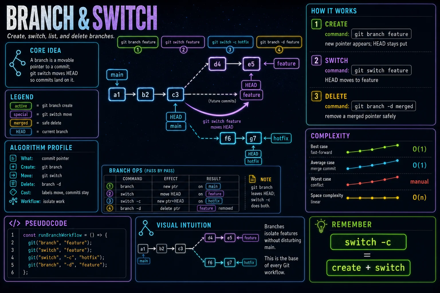 branch & switch infographic showing the concept, key steps, and tradeoffs.