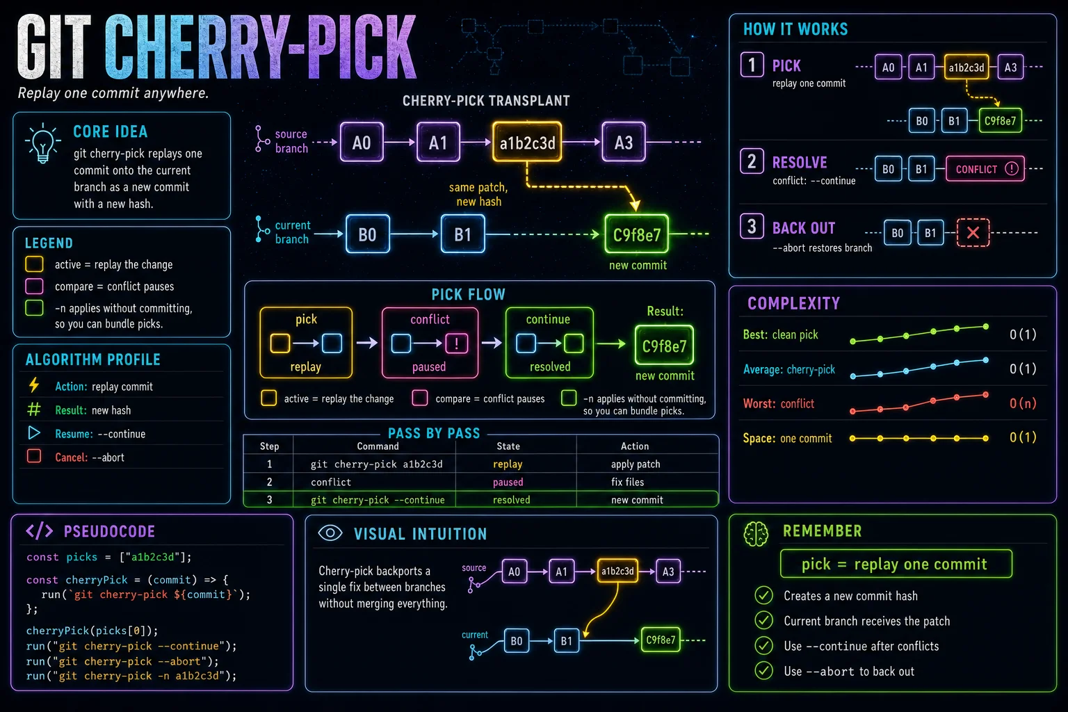 cherry-pick infographic showing the concept, key steps, and tradeoffs.