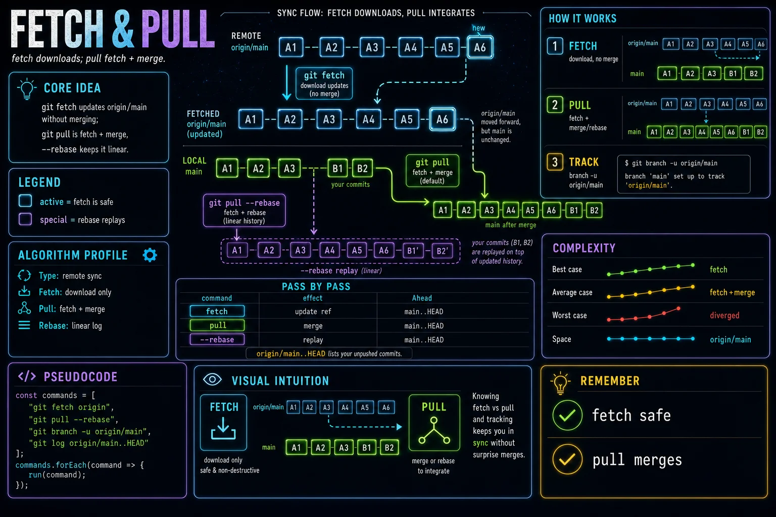 fetch, pull & tracking infographic showing the concept, key steps, and tradeoffs.