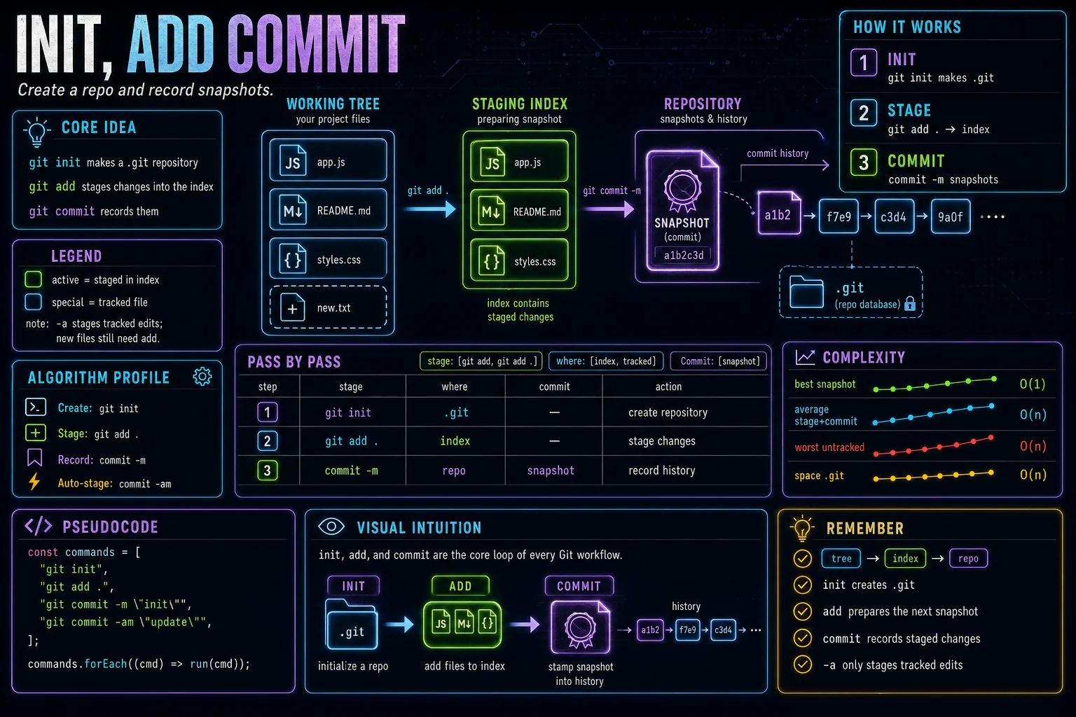 init, add & commit infographic showing the concept, key steps, and tradeoffs.
