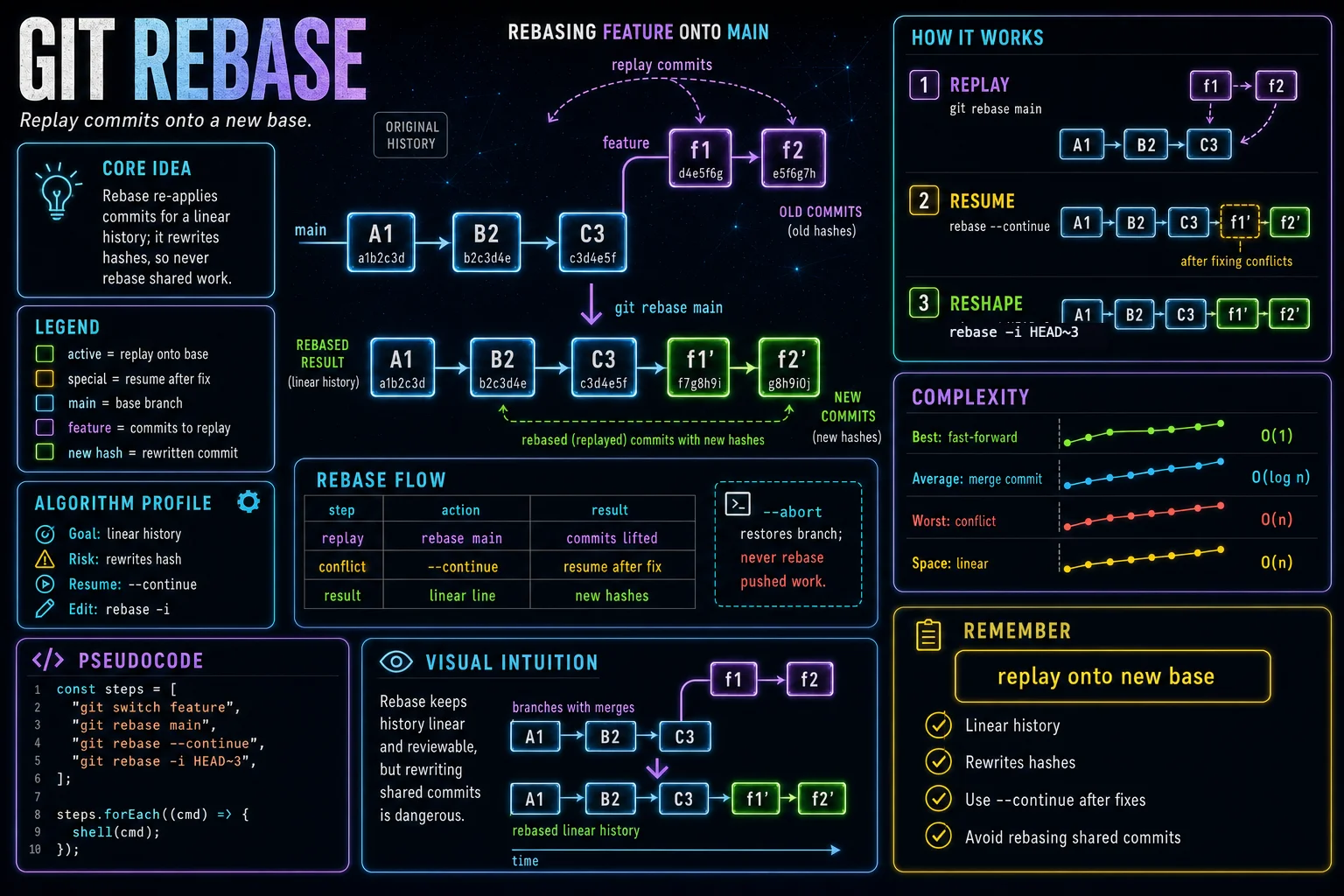 rebase infographic showing the concept, key steps, and tradeoffs.