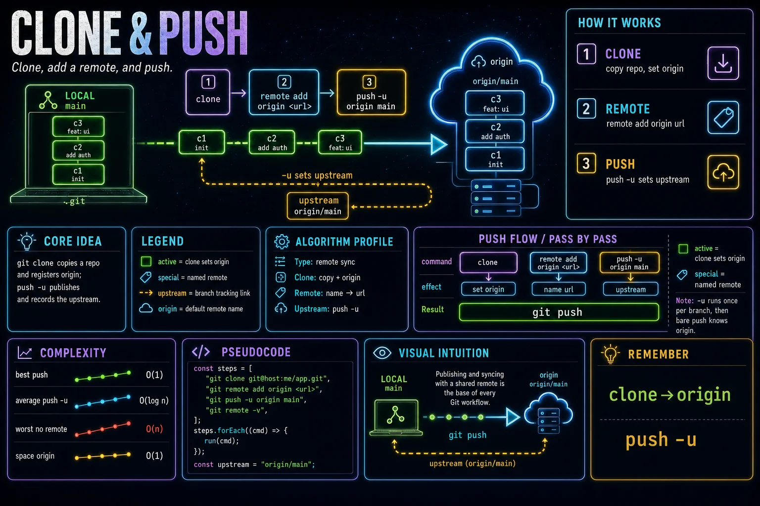 clone, remote & push infographic showing the concept, key steps, and tradeoffs.
