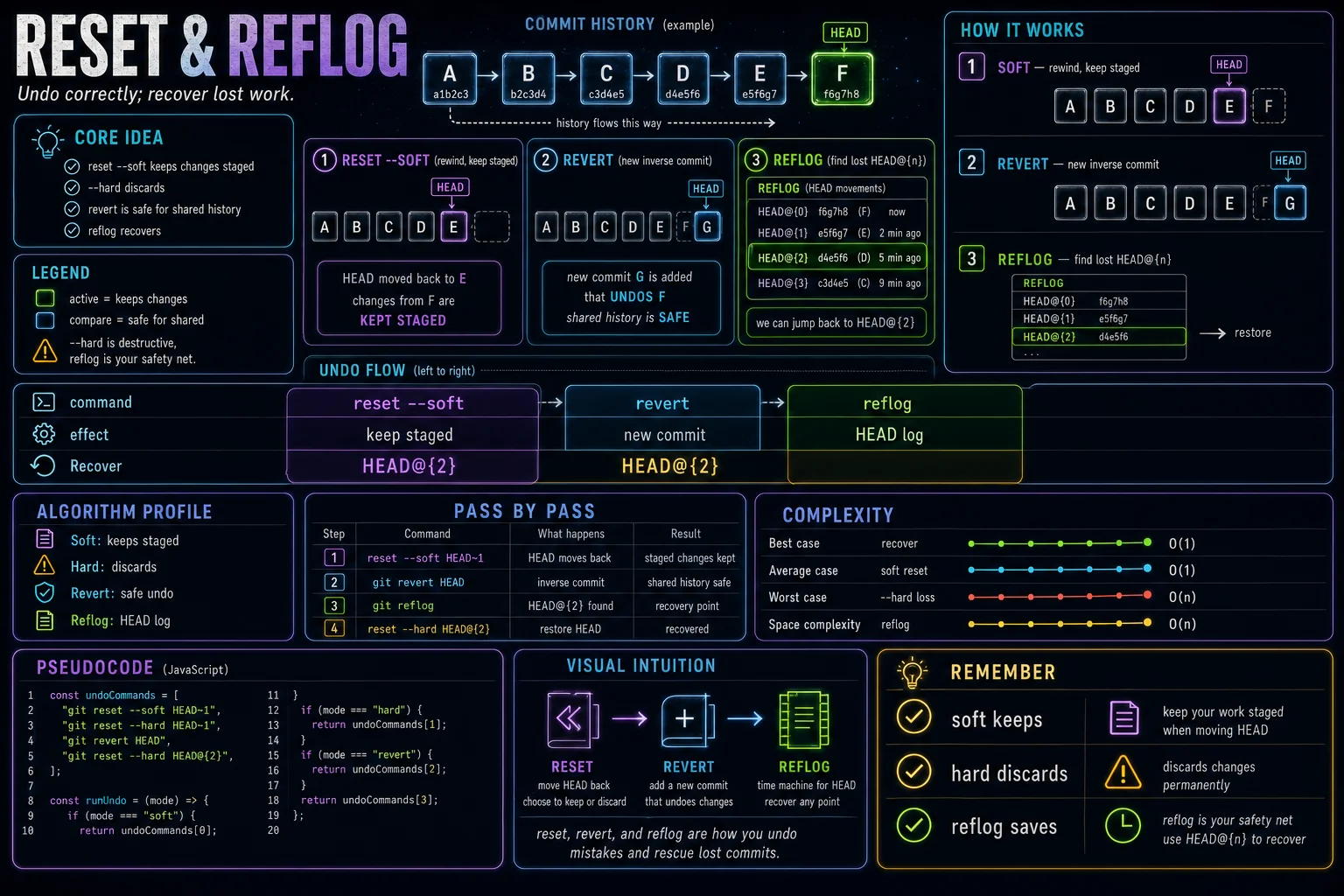 reset, revert & reflog infographic showing the concept, key steps, and tradeoffs.