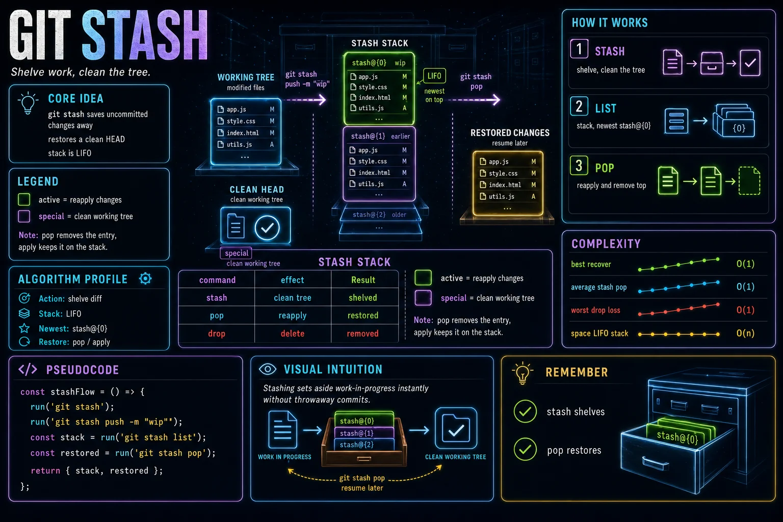 stash infographic showing the concept, key steps, and tradeoffs.