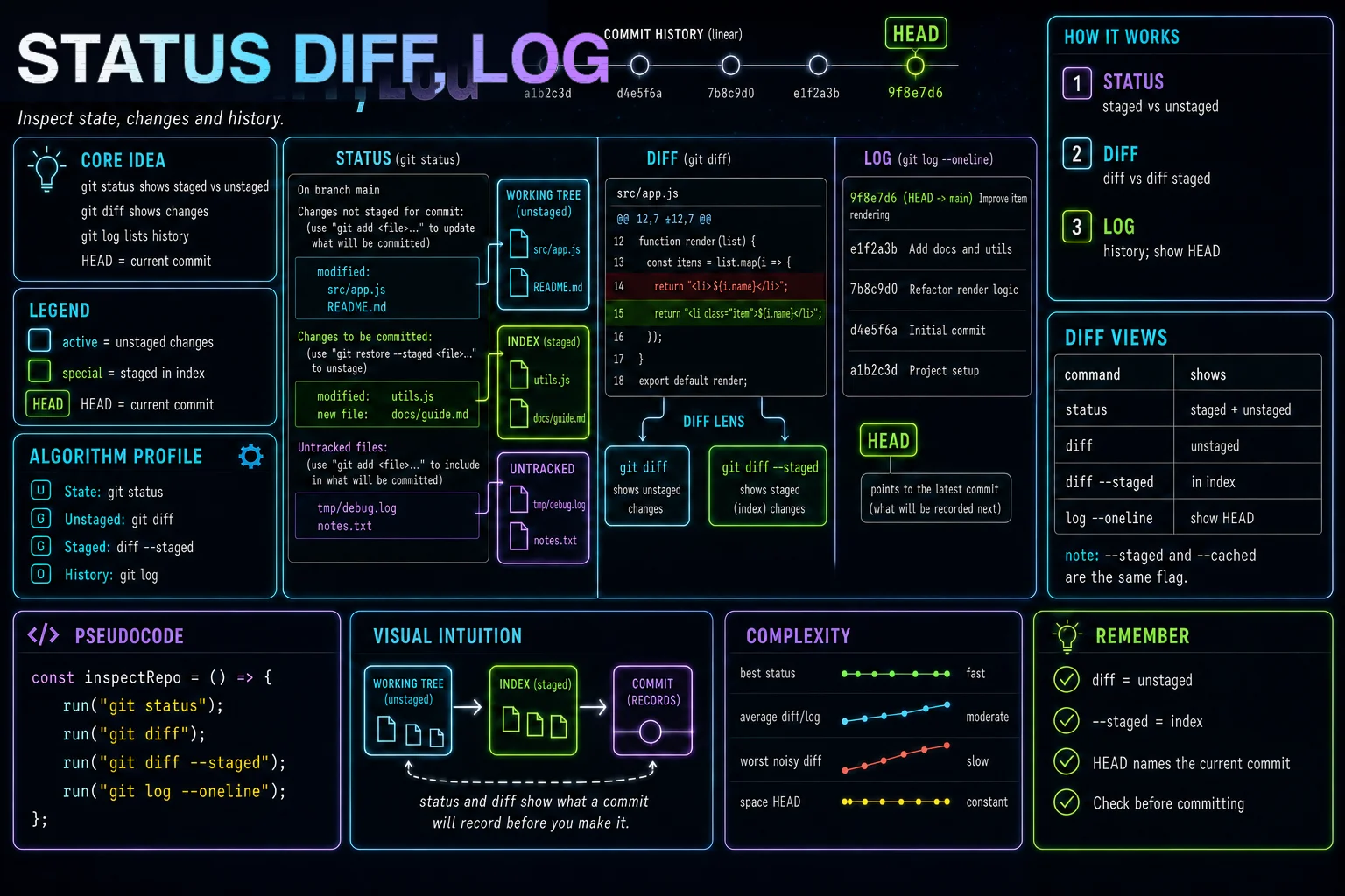 status, diff & log infographic showing the concept, key steps, and tradeoffs.