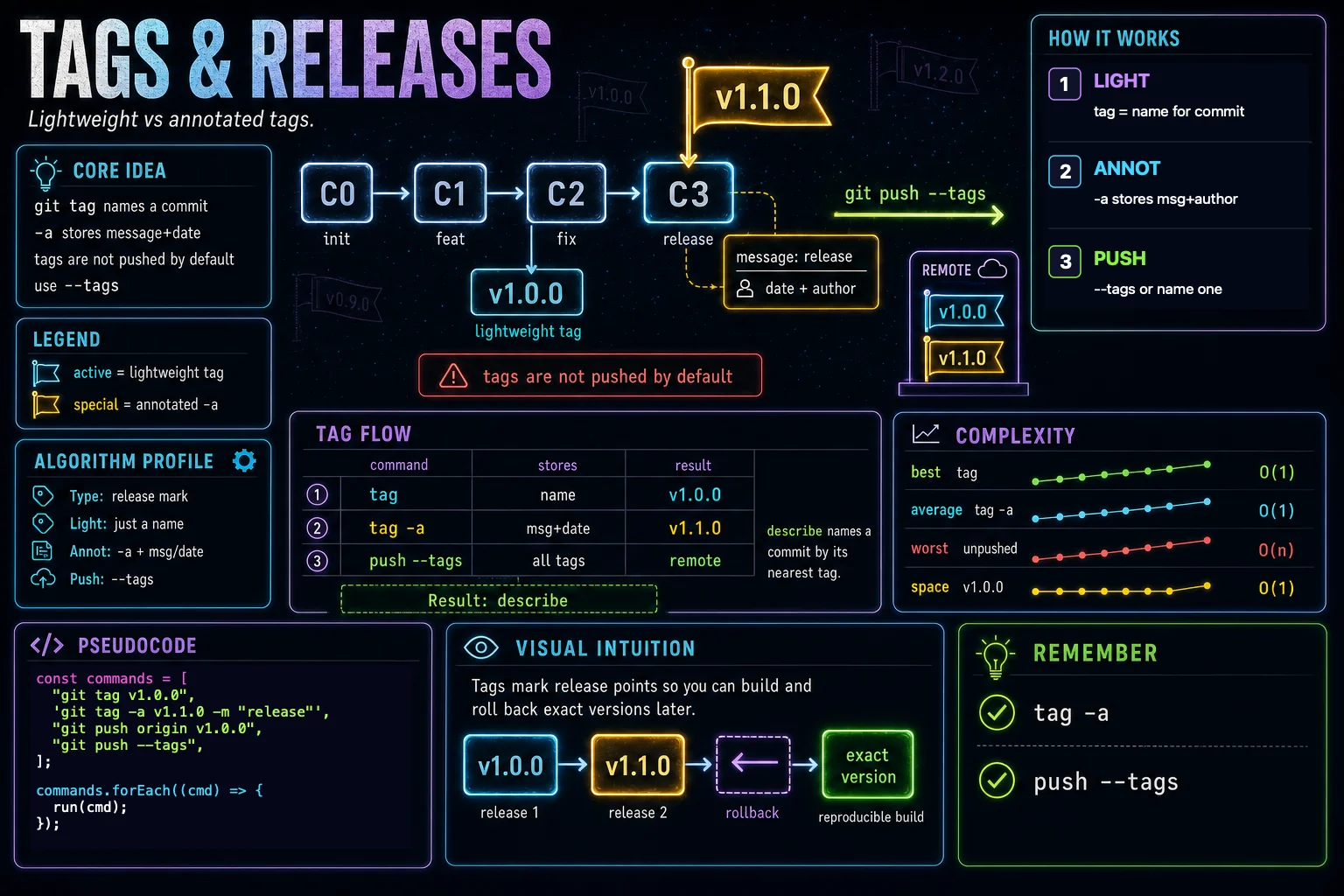 tags & releases infographic showing the concept, key steps, and tradeoffs.