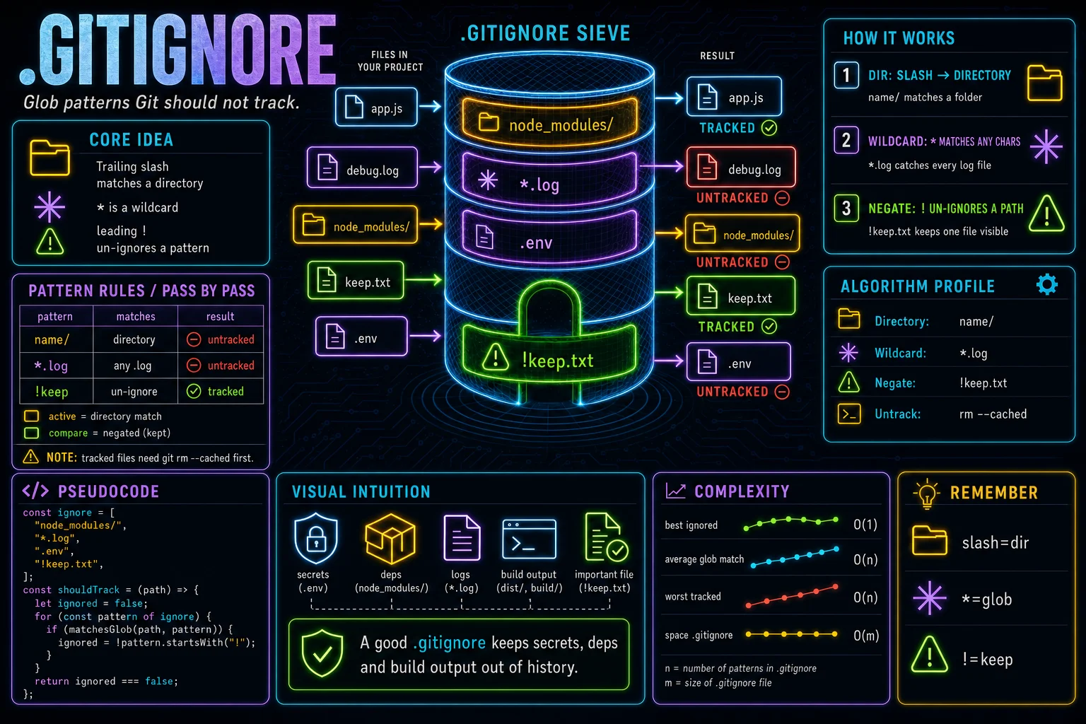 .gitignore infographic showing the concept, key steps, and tradeoffs.