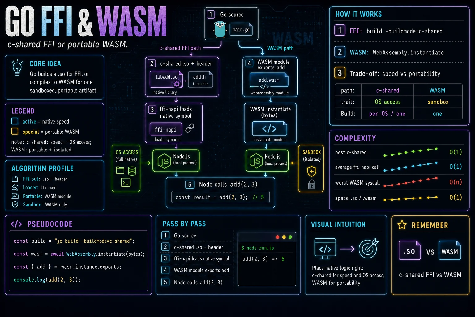 Go via c-shared & WASM infographic showing the concept, key steps, and tradeoffs.