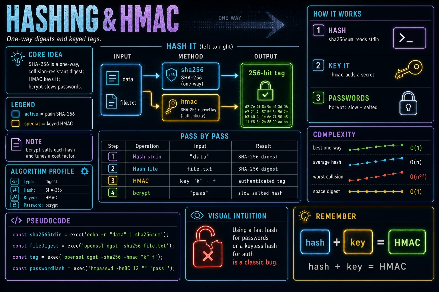 Hashing & HMAC infographic showing the concept, key steps, and tradeoffs.