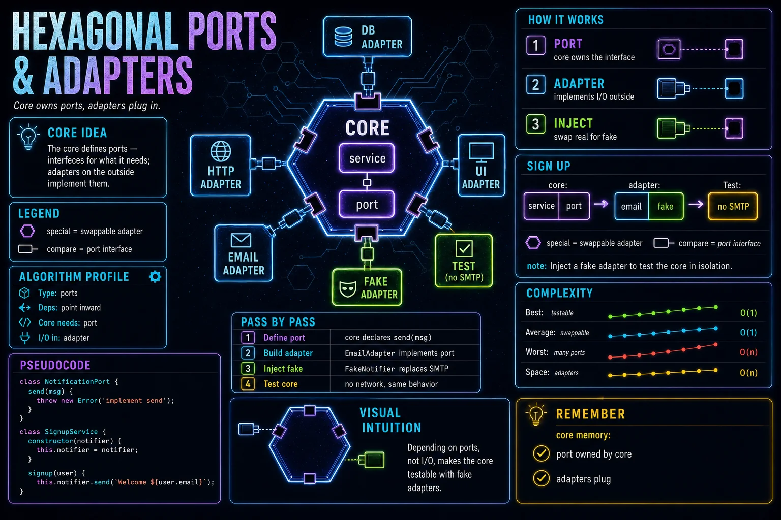 Hexagonal (Ports & Adapters) infographic showing the concept, key steps, and tradeoffs.