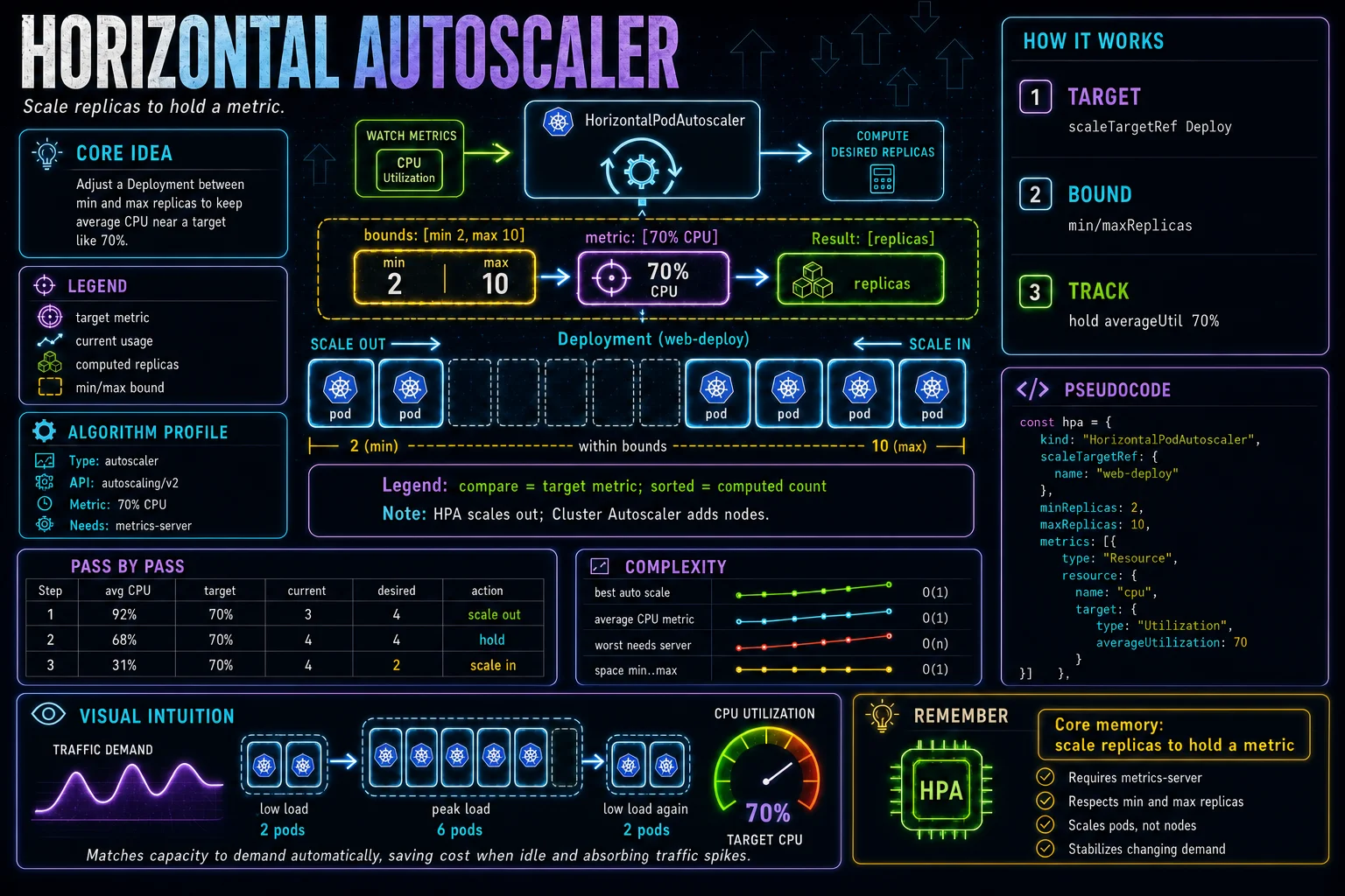 HorizontalPodAutoscaler infographic showing the concept, key steps, and tradeoffs.