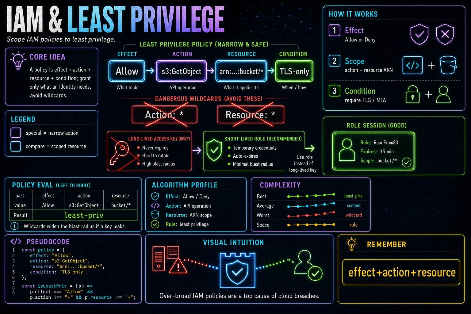 IAM & Least Privilege infographic showing the concept, key steps, and tradeoffs.