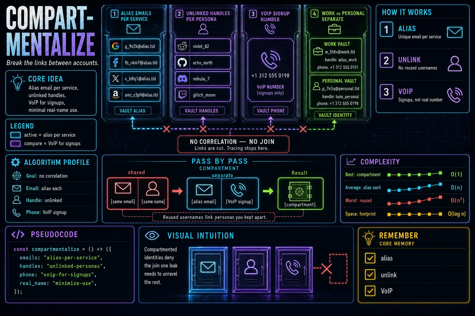 Compartmentalization infographic showing the concept, key steps, and tradeoffs.