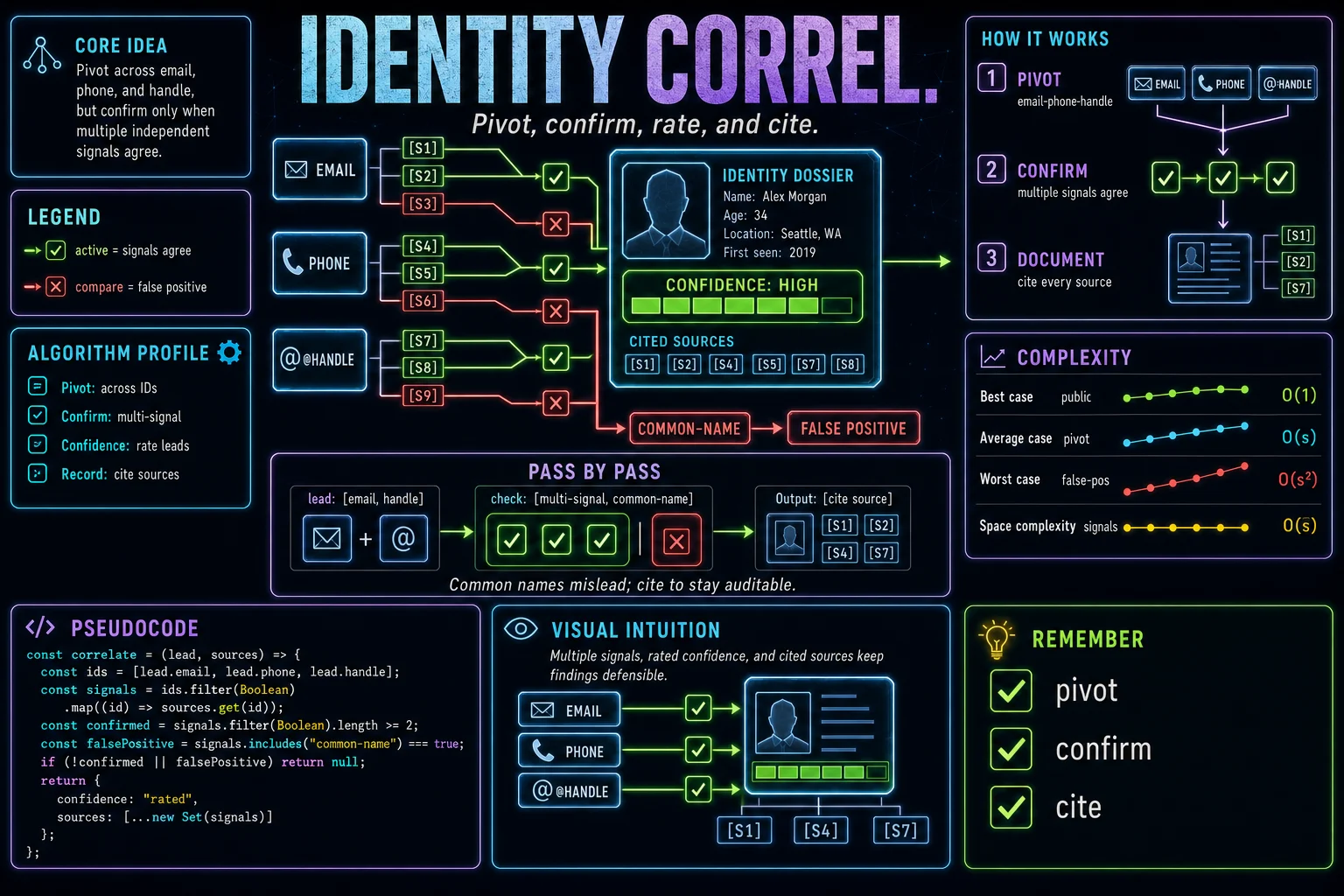 Identity Correlation infographic showing the concept, key steps, and tradeoffs.