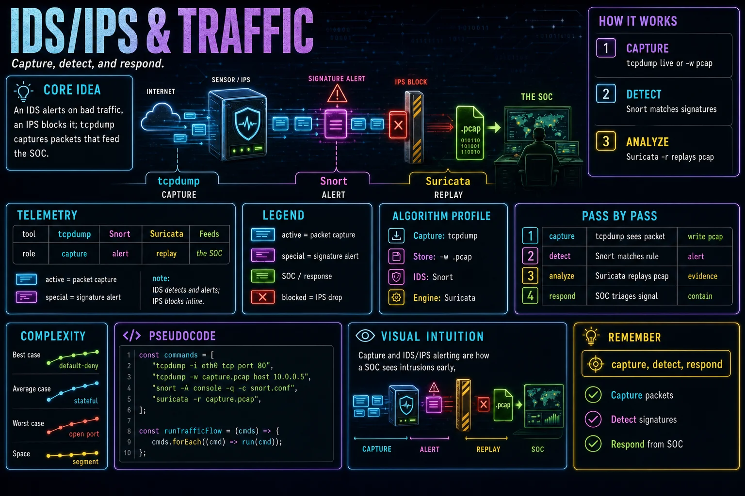 IDS/IPS & Traffic Analysis infographic showing the concept, key steps, and tradeoffs.