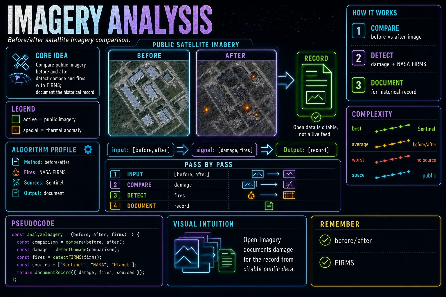 Satellite & Damage Analysis infographic showing the concept, key steps, and tradeoffs.