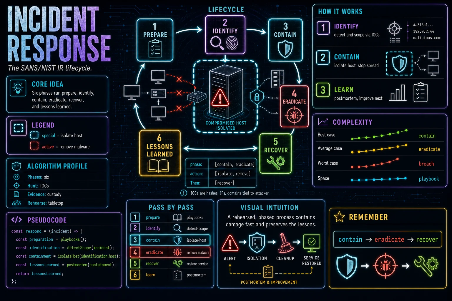 Incident Response infographic showing the concept, key steps, and tradeoffs.