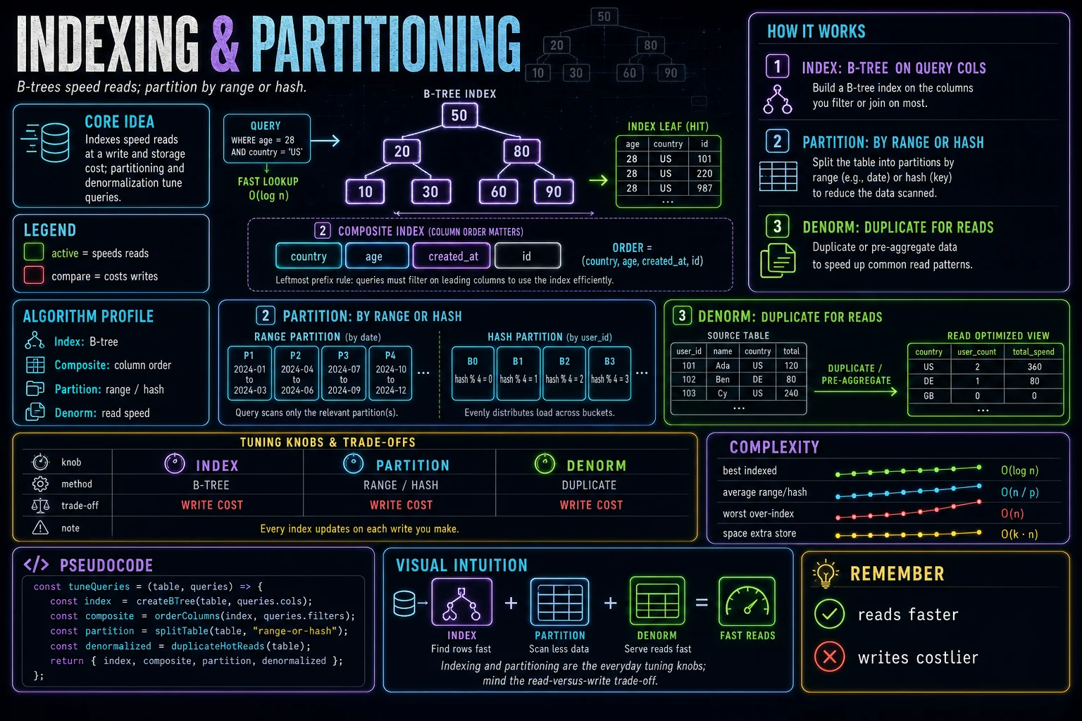 Indexing & Partitioning infographic showing the concept, key steps, and tradeoffs.