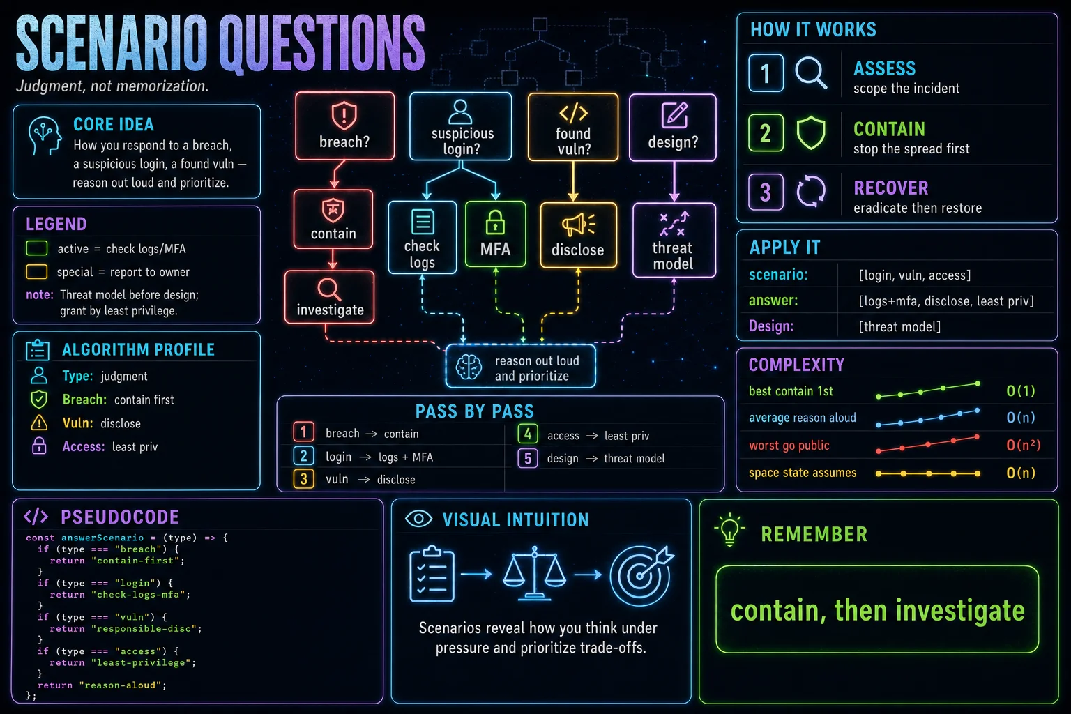 Scenario Questions infographic showing the concept, key steps, and tradeoffs.
