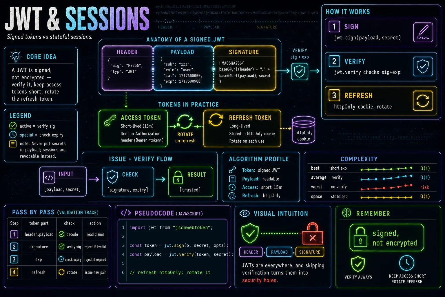 JWT & Sessions infographic showing the concept, key steps, and tradeoffs.