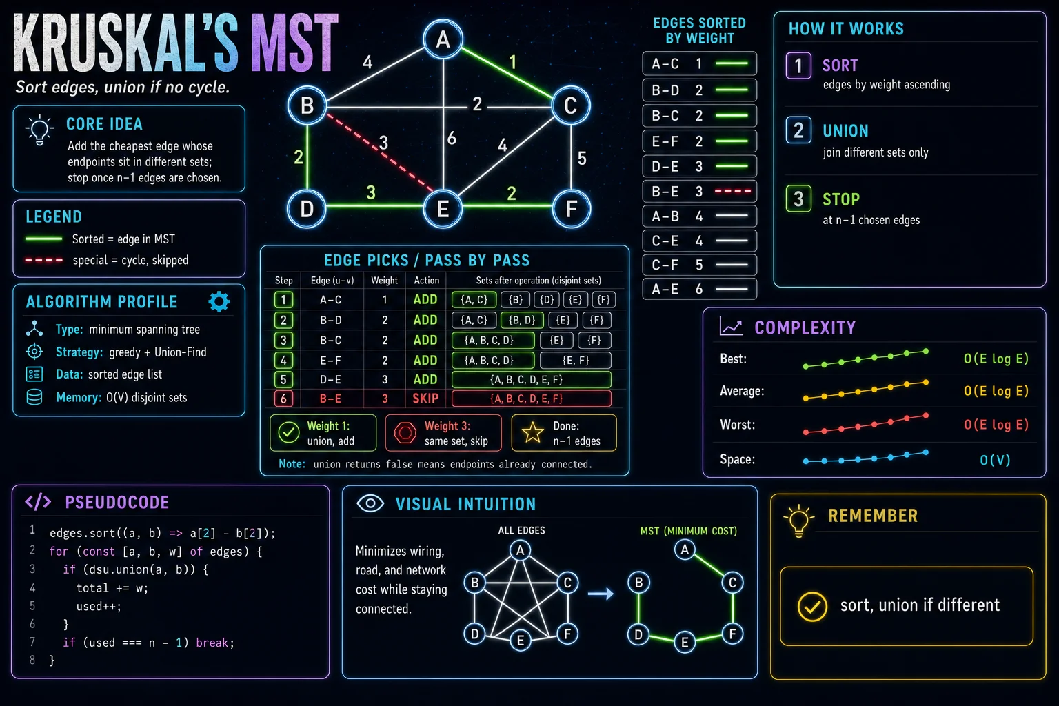 Kruskal's MST infographic showing the graph traversal idea, key steps, and complexity.