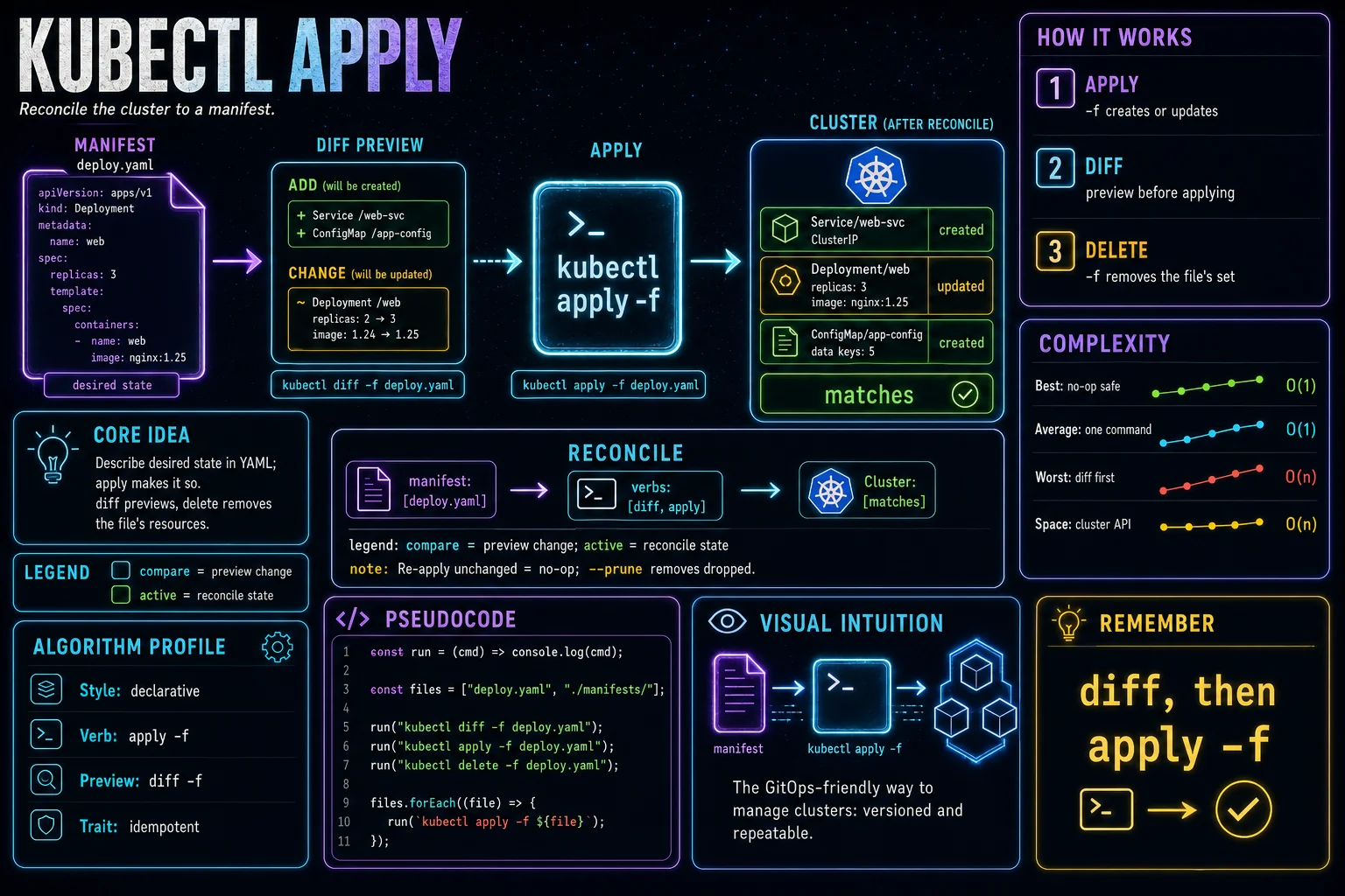 kubectl apply infographic showing the concept, key steps, and tradeoffs.