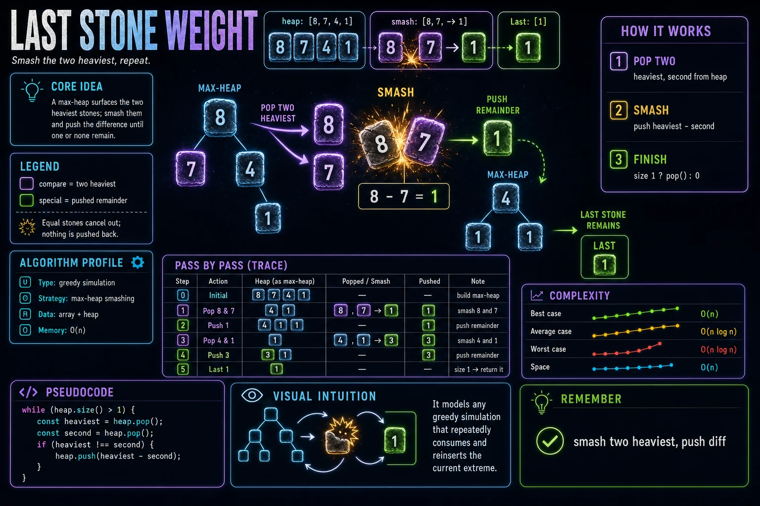 Last Stone Weight infographic showing the heap shape, sift operation, and complexity.