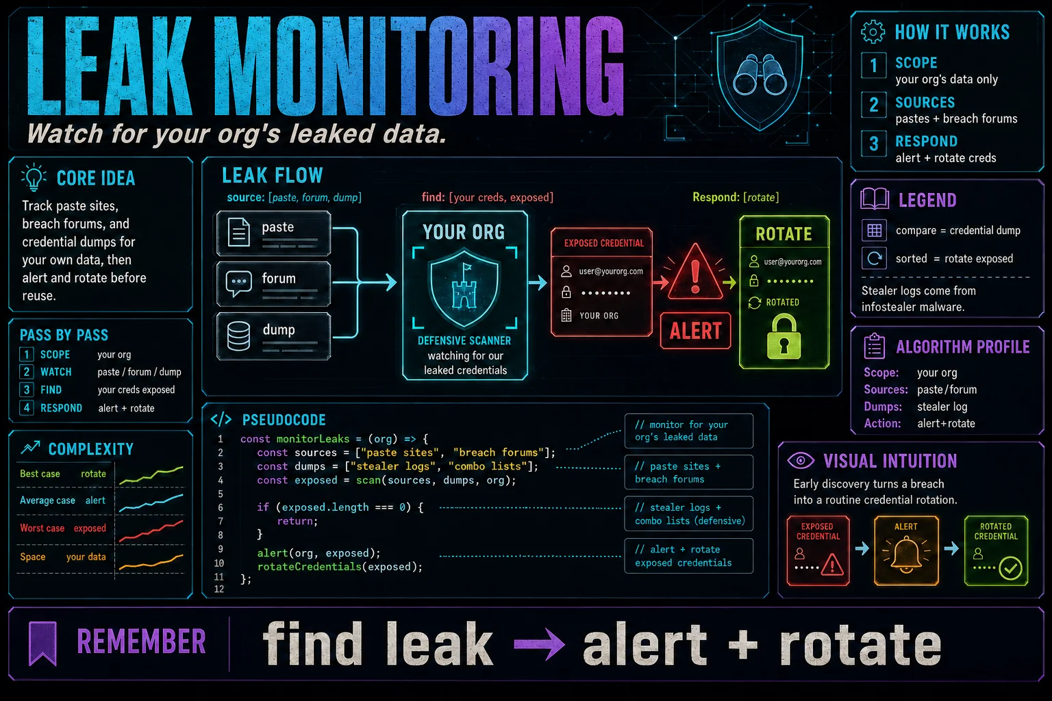 Leak & Forum Monitoring infographic showing the concept, key steps, and tradeoffs.
