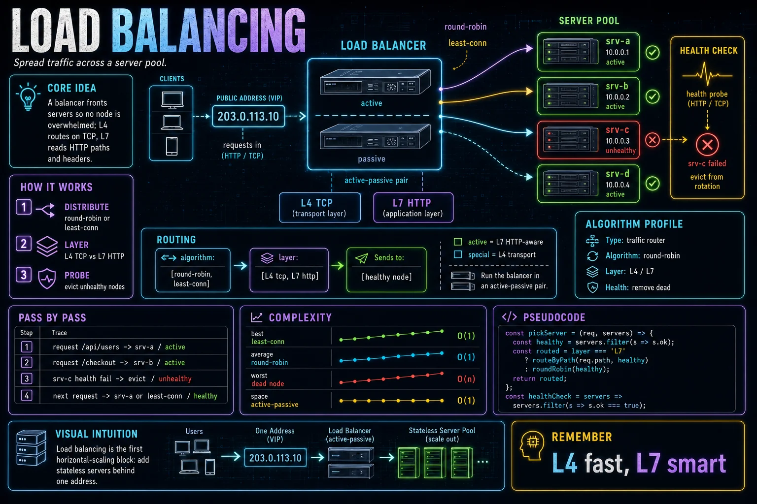 Load Balancing infographic showing the concept, key steps, and tradeoffs.