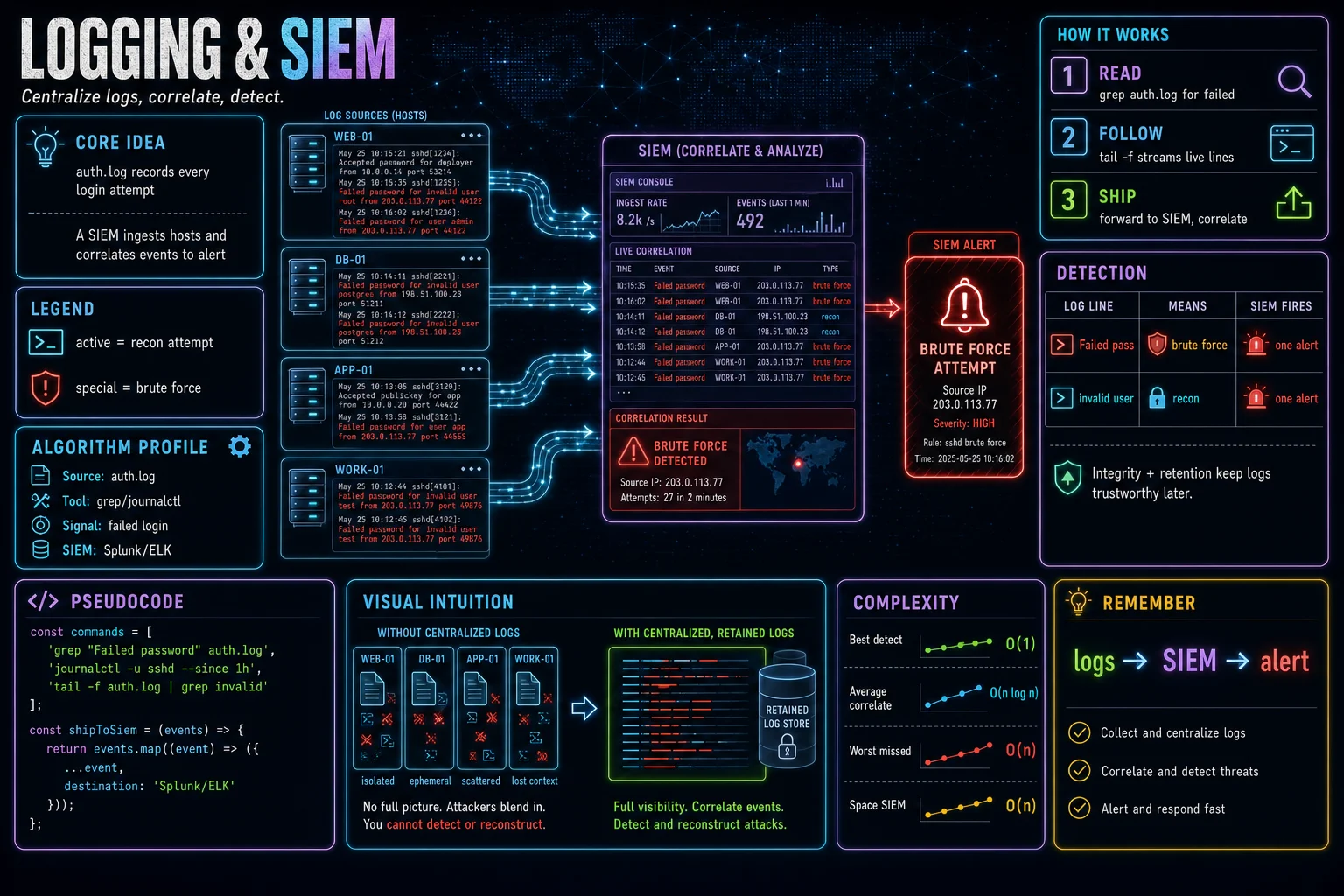 Logging & SIEM infographic showing the concept, key steps, and tradeoffs.