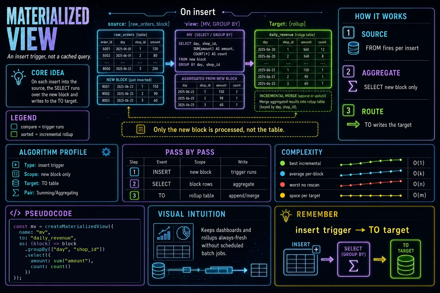 Materialized View infographic showing the ClickHouse concept, key steps, and tradeoffs.