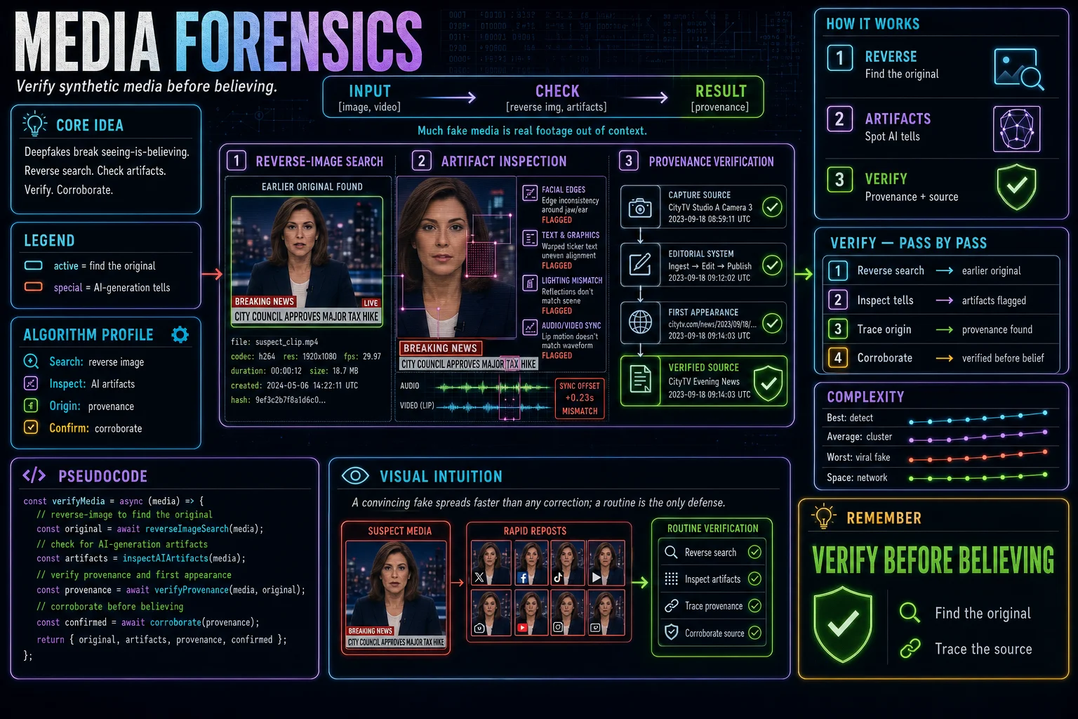 Deepfakes & Media Forensics infographic showing the concept, key steps, and tradeoffs.